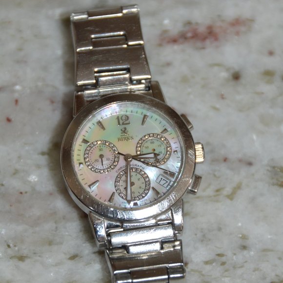 RARE VINTAGE ESTATE MAYORS BIRKS DIAMOND WHITE MOP CHRONOGRAPH SILVER BAND WATCH main image 5